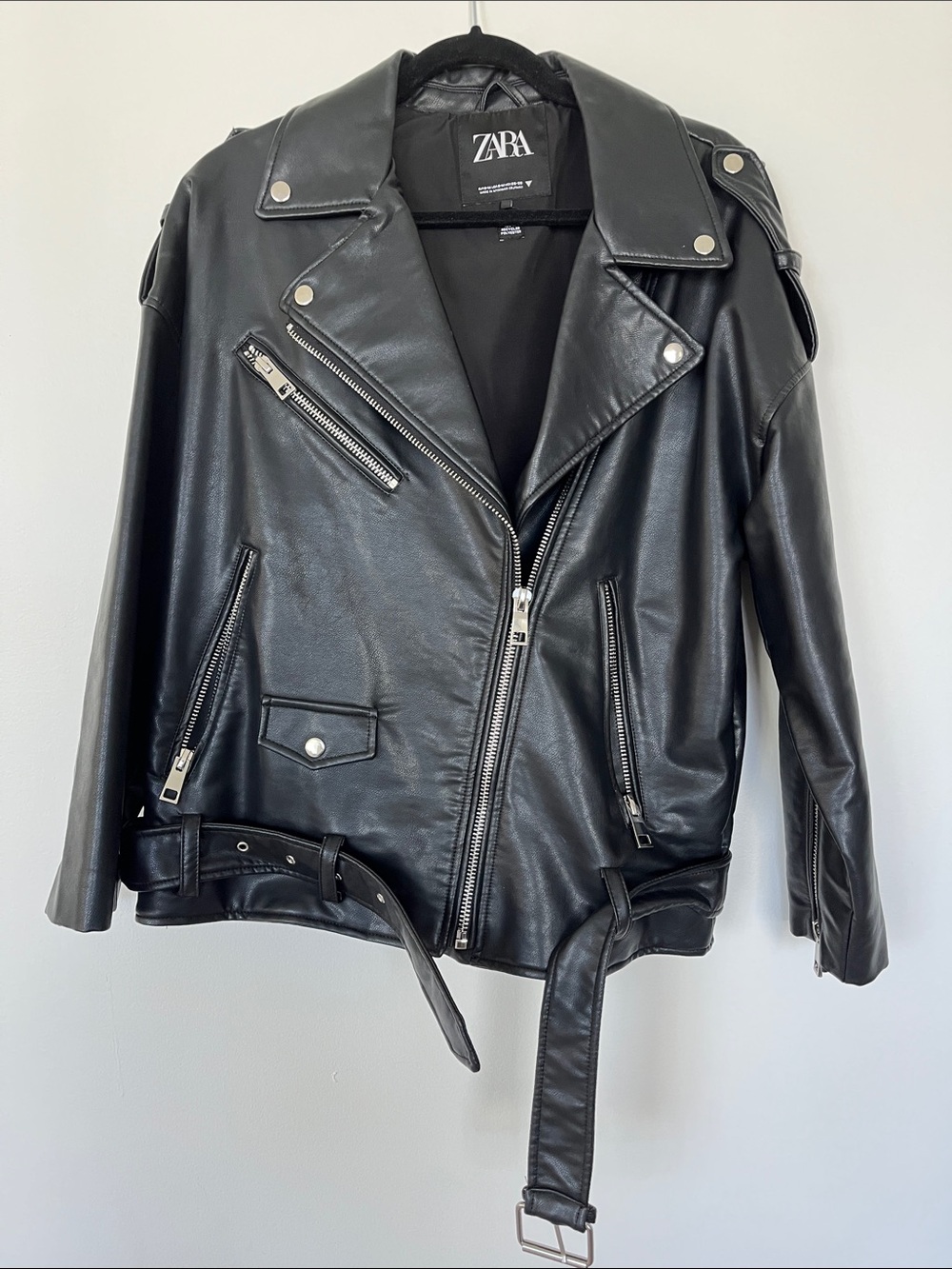 ZARA Black Faux Leather Biker Jacket with Belt